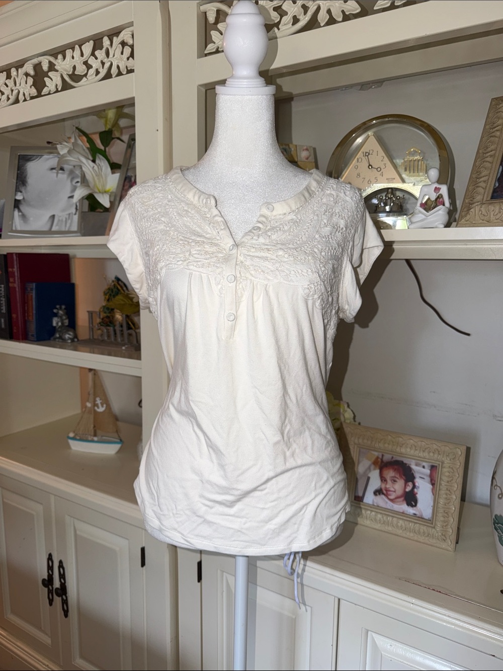 Daniel Rainn Cream Short Sleeve Lace Yoke Henley Top